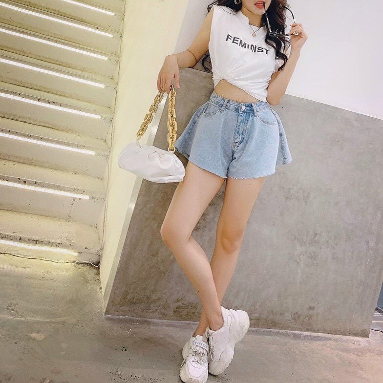 Quần sooc bò jean nữ cạp cao ống rộng, Quần short bò nữ phong cách Hàn Quốc style 2022 | BigBuy360 - bigbuy360.vn