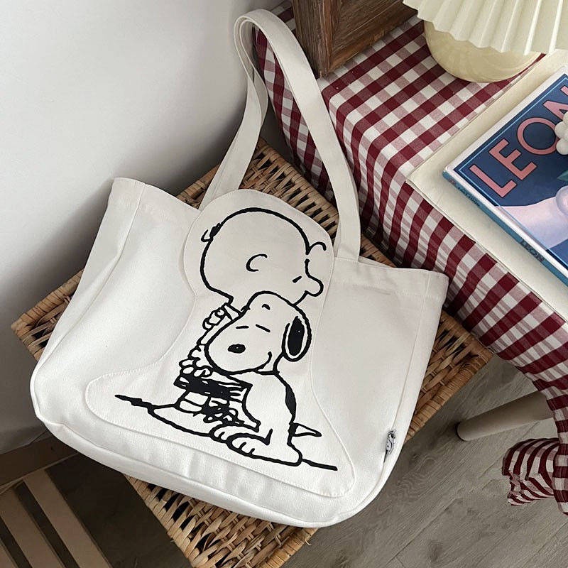 Snoopy Snoppy Original Canvas Bag Shoulder Bag Cartoon Cute Large Capacity Zipper Female Student Tuition Bag pCP0
