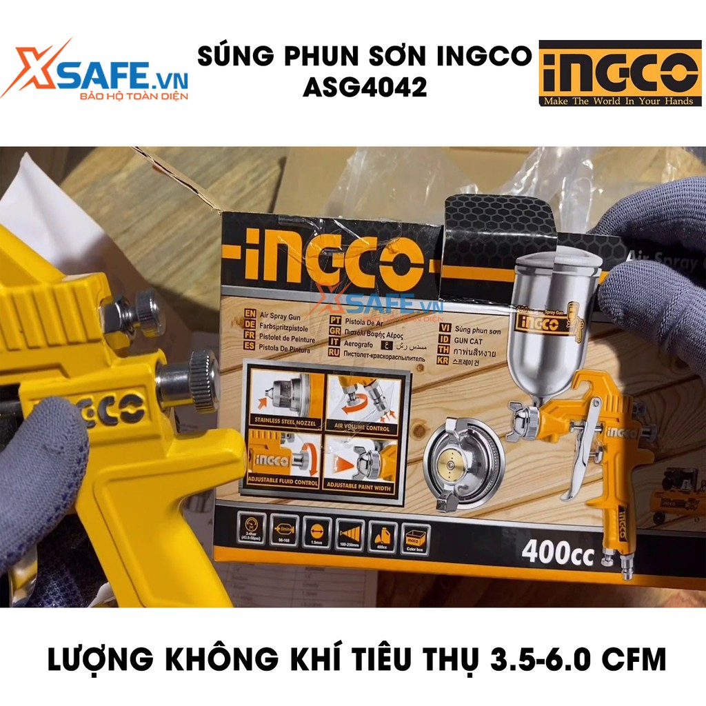 Súng phun sơn INGCO ASG4042 - Súng phun sơn đầu phun tiêu chuẩn 1.5mm, áp suất 3.0-4.0 bar, thể tích bình nhôm 400cc