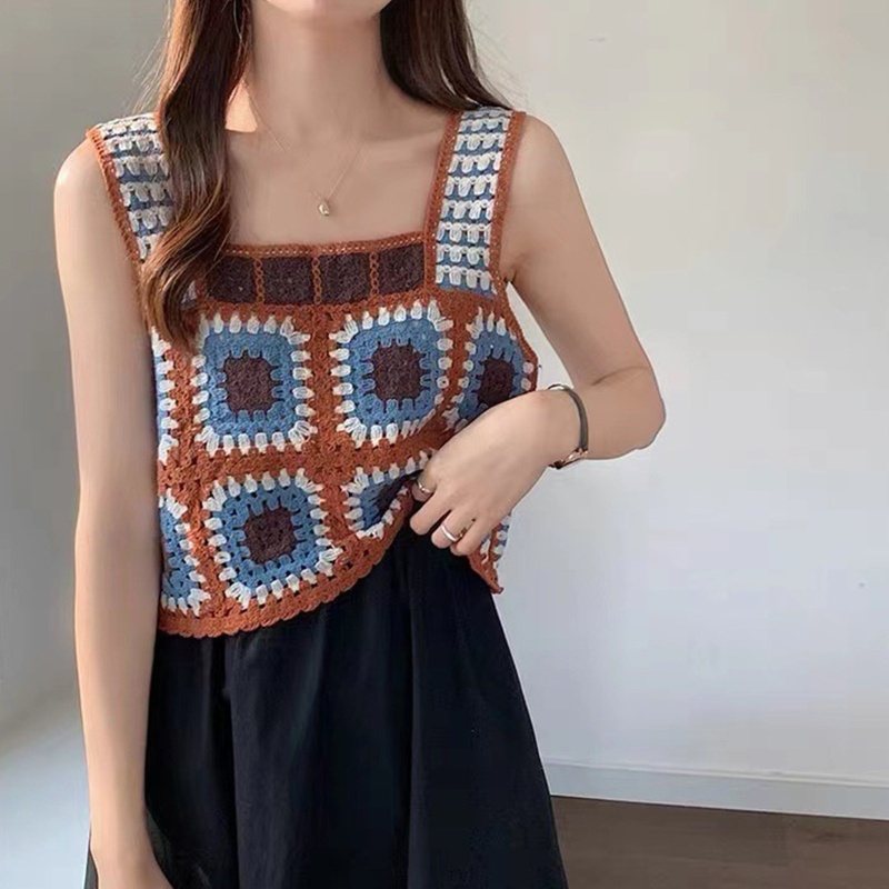 Áo Croptop Dệt Kim Không Tay Phong Cách Boho Nhiều Màu Sắc Dành Cho Nữ