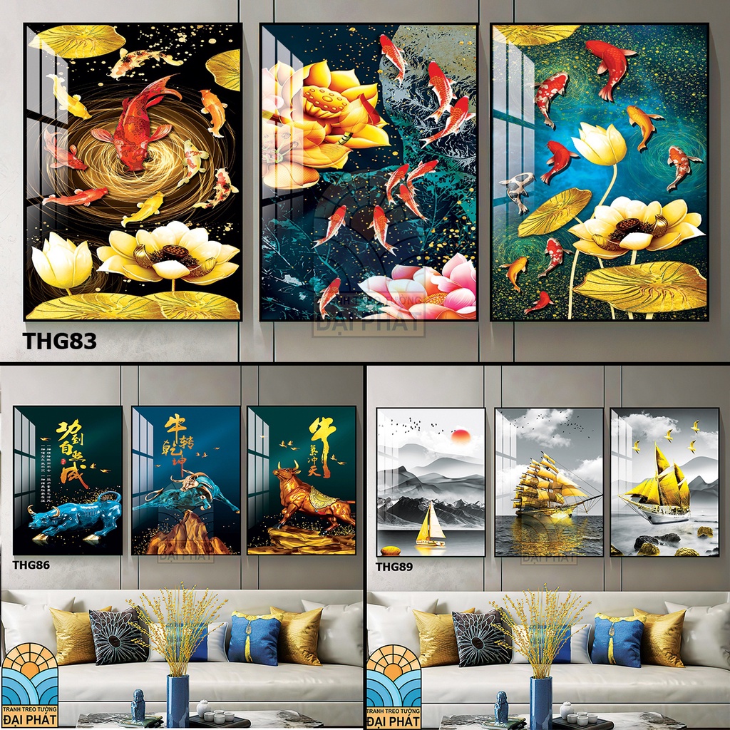 Tranh treo tường, bộ 3 tráng gương cao cấp tặng đinh không khoan tường 2021