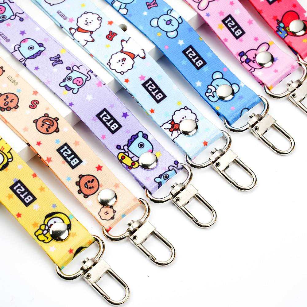 Móc khóa dây KPOP BTS BT21 Cartoons  Printed Keychain Wristlet For Key Chain Lanyard Long Hanging Strap Key Rings Charms DIY Jewelry Accessory COOKY KOYA MANG RJ SHOOKY TATA