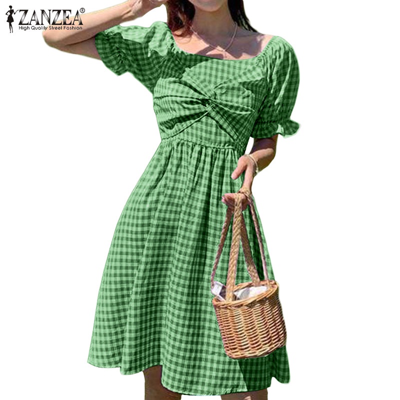 Đầm mini ZANZEA thời trang nữ tay ngắn bo phồng dáng chữ A vừa vặn in hoa văn caro