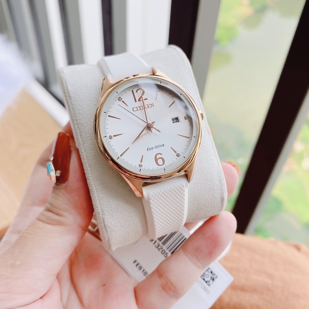 Đồng hồ Nữ Citizen Eco Drive FE6103-00A Size 37mm,Mặt trắng,Lịch ngày-Năng lượng ánh sáng-Dây Silicone cao cấp