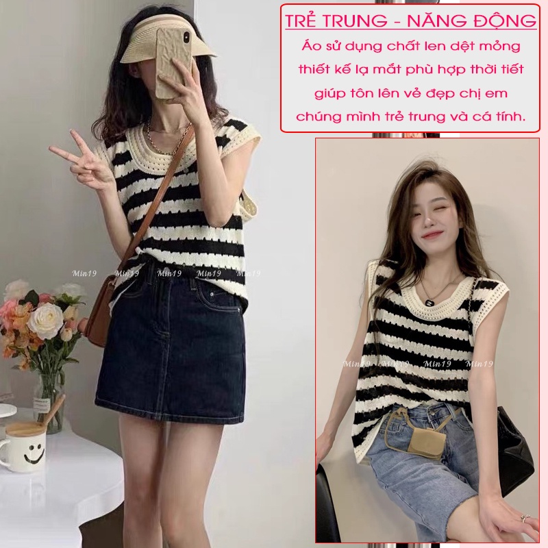 Áo Len Nữ MIN19 Áo Len Mỏng Ba Lỗ Croptop Kẻ Nữ Cổ Tròn Kiểu Hàn Quốc Form Rộng Bigsize Màu Đen Xanh Nâu Thời Trang