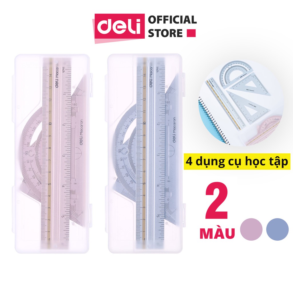 Bộ eke thước kẻ nhôm Deli - Set 4 dụng cụ - Màu xanh/hồng - Hộp nhựa - 1 Hộp - EG02404