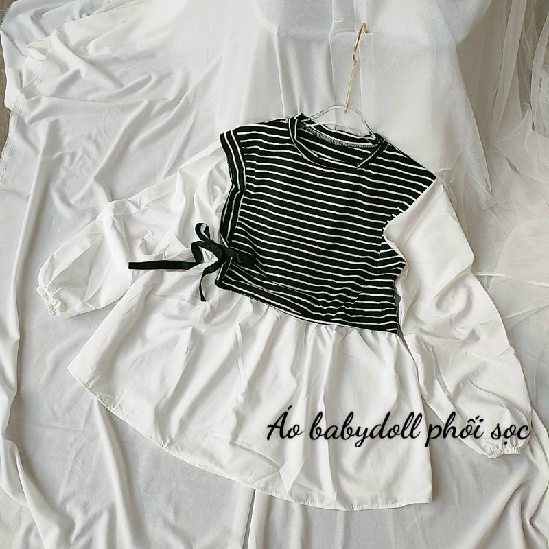 Áo kiểu nữ Babydoll phối sọc Hangmoonshop - AO064