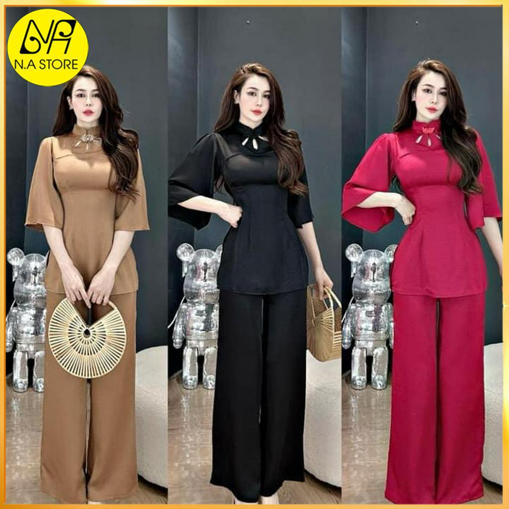 Đồ Lam Đi Chùa Nữ - Bộ Thiết Kế Áo Vải Lụa Khoét 3 Giọt Nước Tay Lỡ, Cổ Trụ N.A STORE - AL064