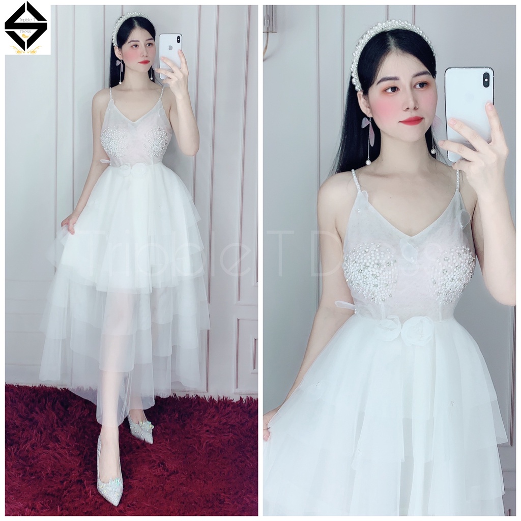 Đầm dự tiệc công chúa 2 dây xếp tầng kết cườm ngọc TRIPBLE T DRESS - size M/L - MS88Y