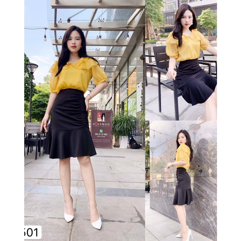 Sét áo cộc vàng cổ thời trang mix với chân váy đuôi cá thân dài siêu xinh dành cho các nàng đi tiệc đi dạo phố
