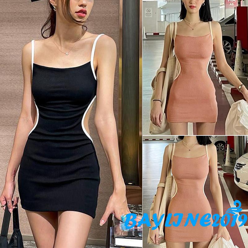 Đầm Hai Dây Hở Lưng Ôm Dáng Màu Sắc Tương Phản Dành Cho Nữ