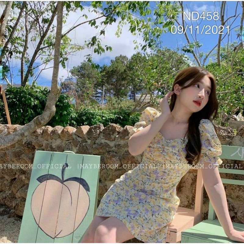 Đầm nữ hoa nhí dễ thương đi dạo phố cà phê dáng chữ A tay phồng vuông rút ngực dưới xoè nhẹ màu vàng Sophy Beauty Store