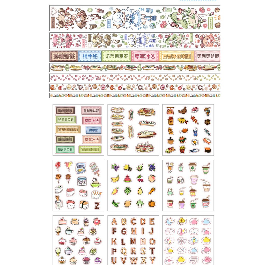 Set 7 cuộn washi tape mohamm + 9 tấm sticker trang trí sổ Bullet Journal, sổ Planner phong cách Nhật Bản