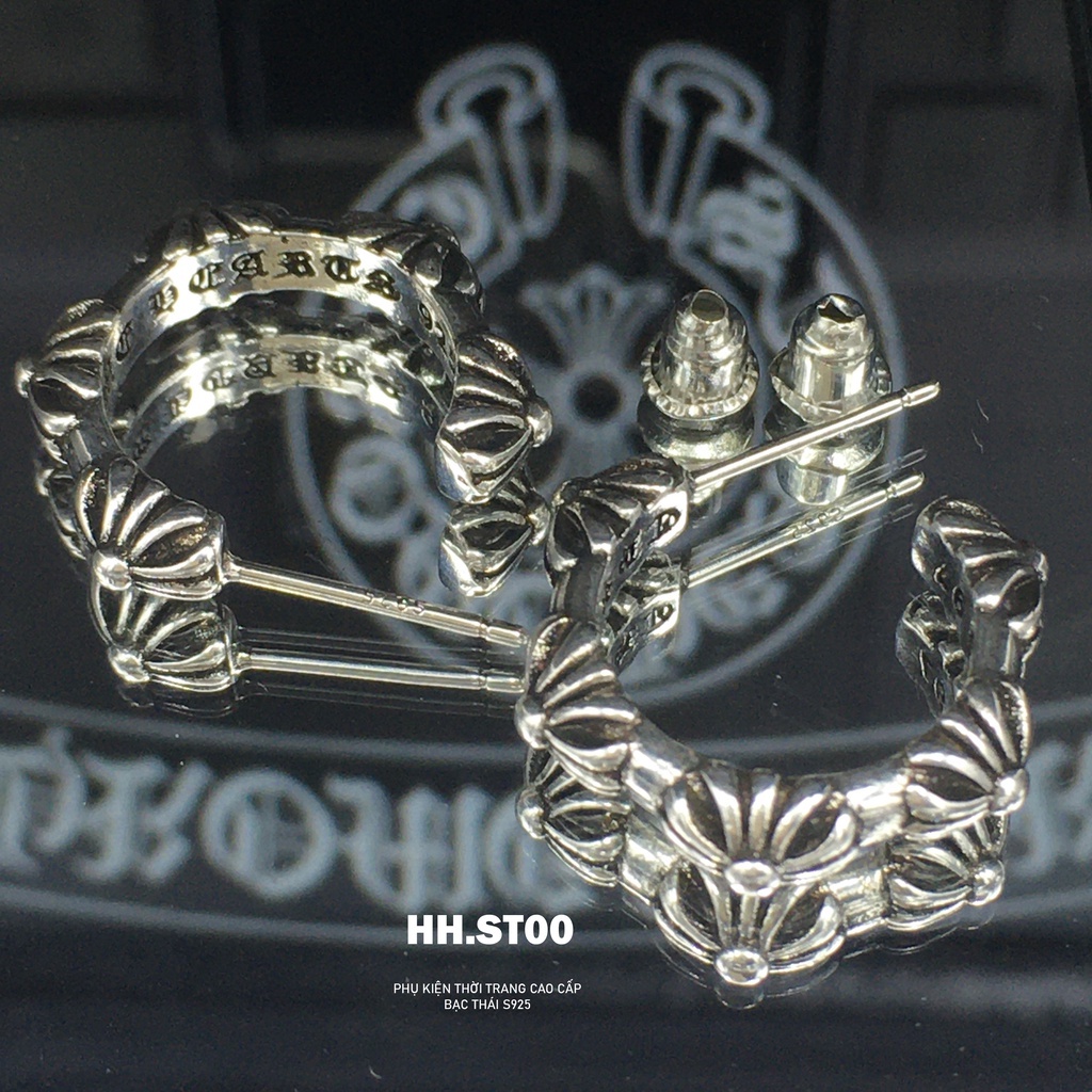 Khuyên tai Chrome heart, khuyên tai bạc tròn ,hoa tai họa tiết 5 bông nổi , Trang sức bạc cao cấp HHST00 Mã K0009