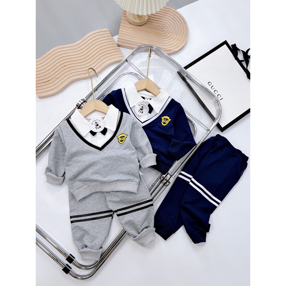 Bộ quần áo bé trai hot boy nơ cổ, Set áo polo dài tay cổ tim và quần dài bo gấu chất nỉ da cá cho bé 7-18 kg, SUN KID'S