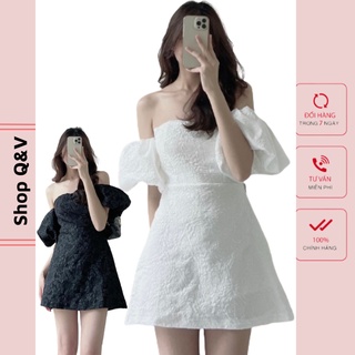 Váy gấm xốp trễ vai tay bồng siêu xinh ,  gấm hoa 2 lớp xịn xò, khoá sau , hàng chuẩn from SHOP QV 371