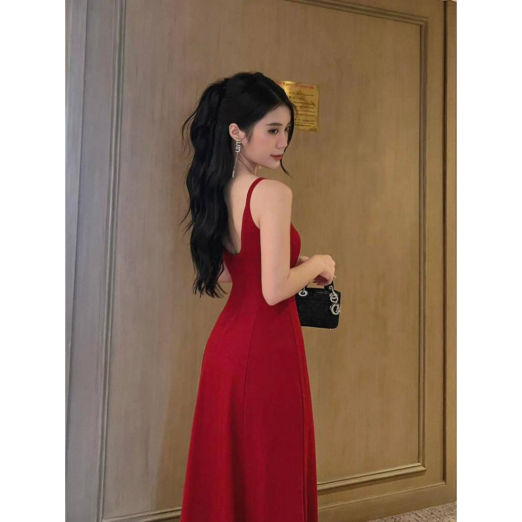 Đầm maxi thun lụa 2 dây hở lưng dáng xòe