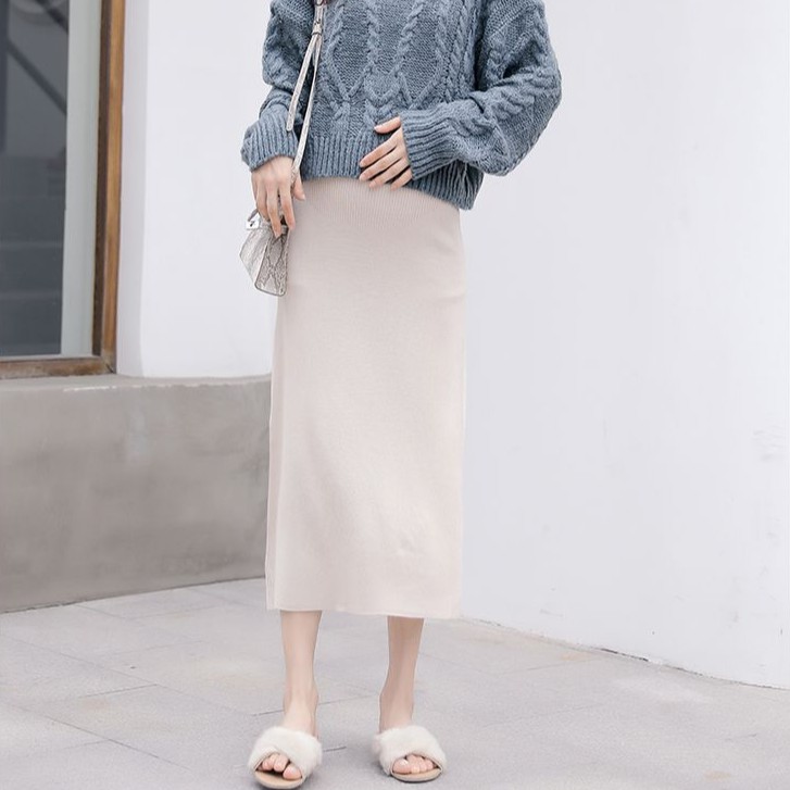 Chân Váy Len Dài Lưng Cao Màu Sắc Đơn Giản Thời Trang Xuân Thu Cho Mẹ Bầu