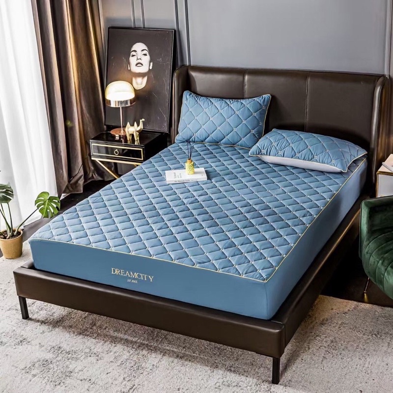 BỘ GA GỐI COTTON BO CHUN BỌC ĐỆM KHÁNG KHUẨN DREAM CITY THÊU CHỮ H