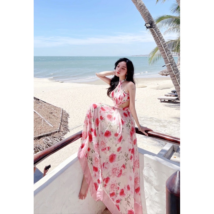 Đầm maxi đi biển hoa hồng khoét- Maxi ngọc lan