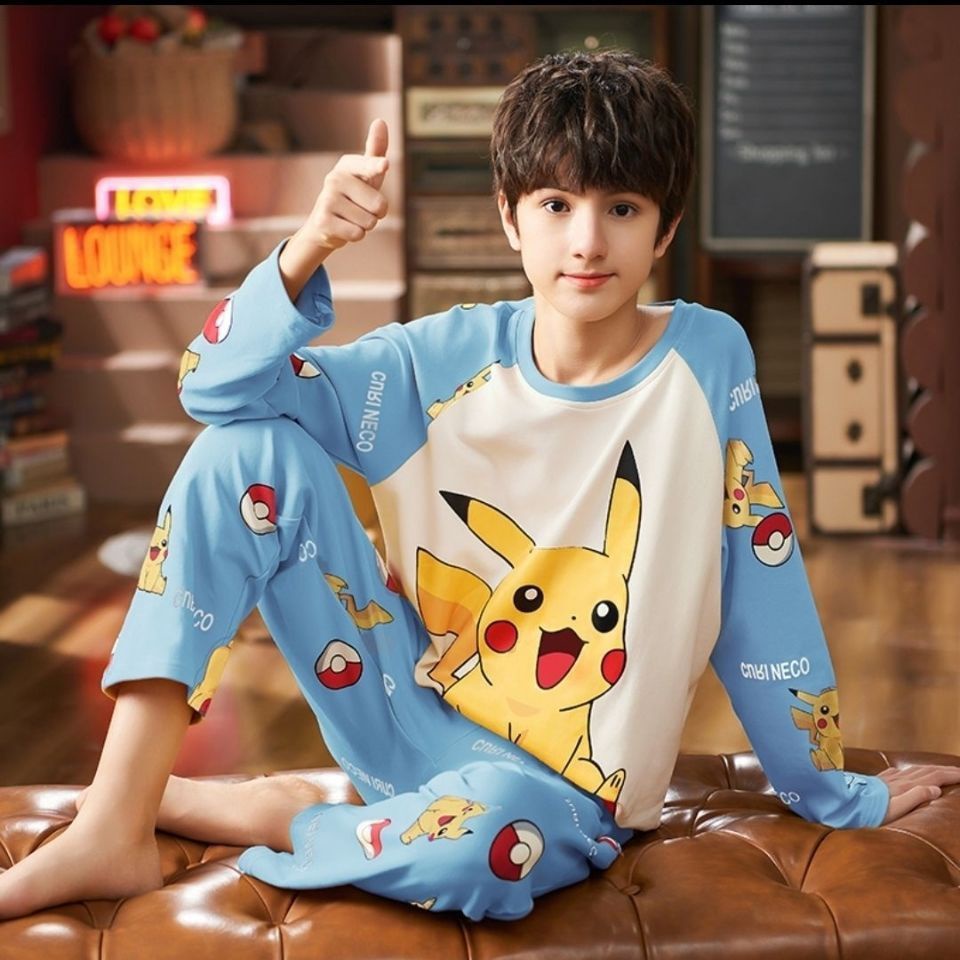 Pokemon kids Clothes  Pajamas Xiaozhi Pikachu Pajamas Summer Thin Long Sleeve Pants Cartoon Pajamas Children's Boys and Girls Indoor Home Pajamas Set Set Luffy Dinosaur Pajamas Two-piece Set