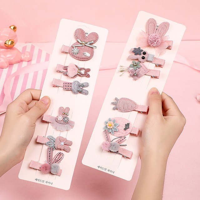 Set 6 kẹp tóc màu hồng cho bé gái style Hàn Quốc dễ thương, xinh xắn