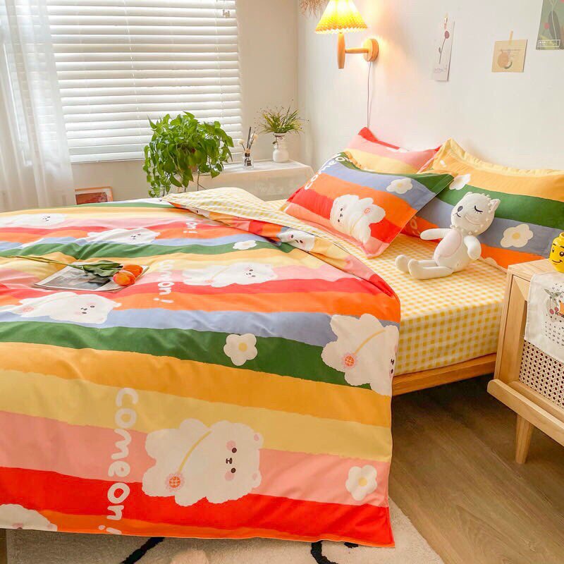 Bộ chăn ga gối poly cotton Gấu cầu vồng - Miễn phí bo chun mọi kích thước