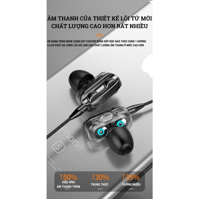 Tai nghe nhét tai có dây có mic lõi tứ cuộn dây chuyển động kép EOR X12 | Loa siêu trầm, tai nghe loa siêu trầm đa năng