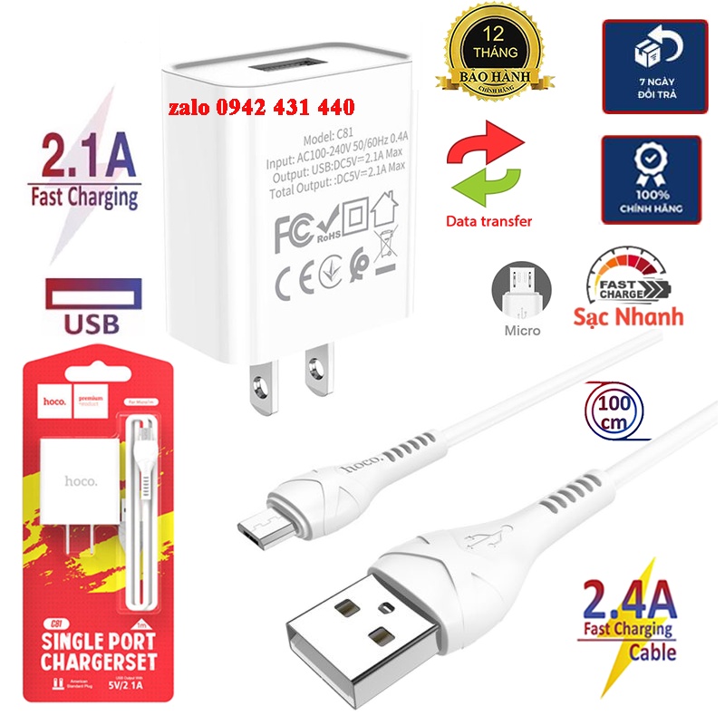 Bộ Sạc Hoco C81 micro usb cho điện thoại android 5V 2.1A