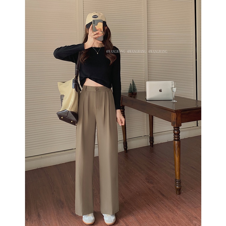 Quần dài ống rộng suông lưng cao thời trang thanh lịch cho nữ