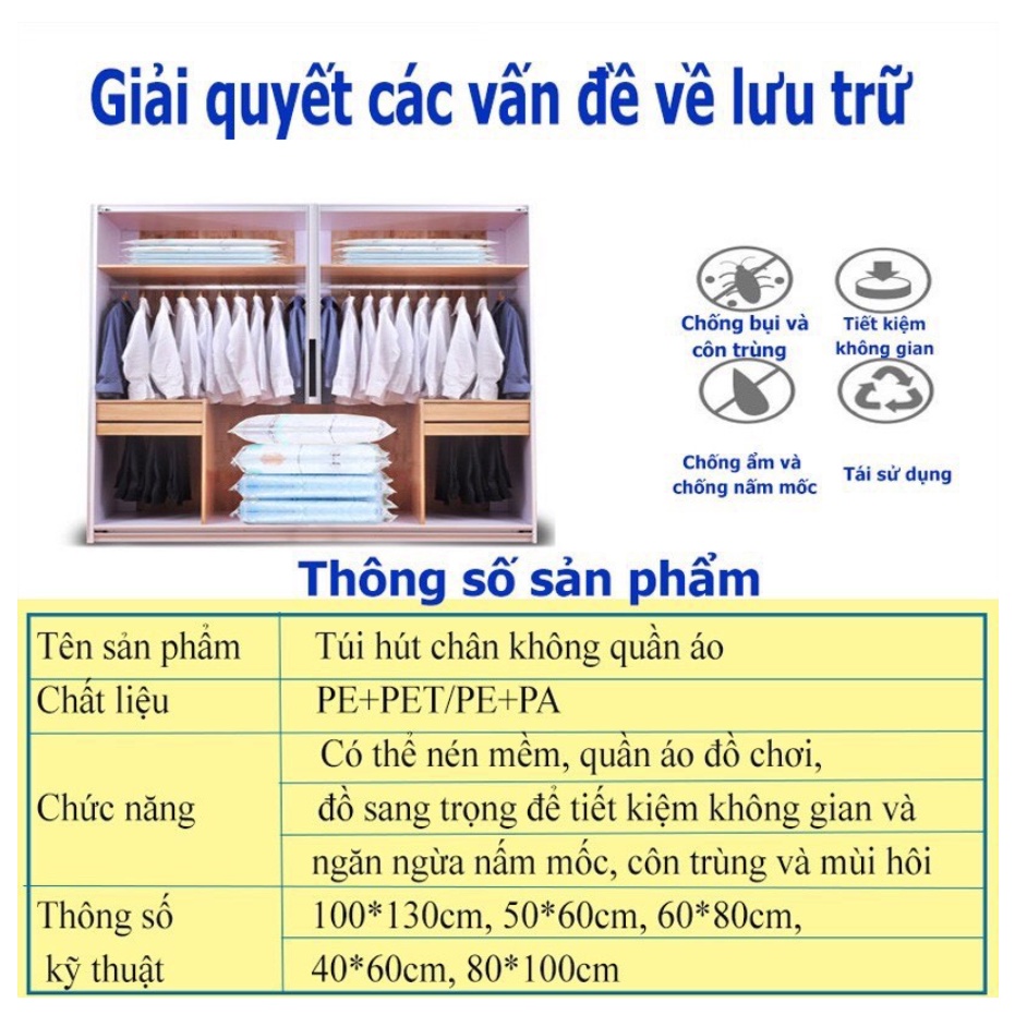 Bộ 8 Túi Hút Chân Không Kèm Bơm, Đựng Chăn Màn, Ga Gối - Quần Áo - Chống Bụi Bẩn Nấm Mốc - Bảo Hành 6 Tháng