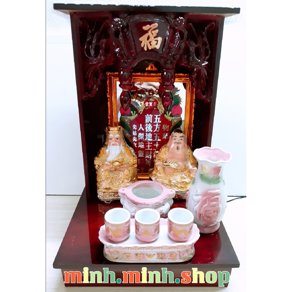Combo đồ thờ cúng màu hồng: bàn thờ 30cm hộc kéo, tài địa,...+ khuyến mãi