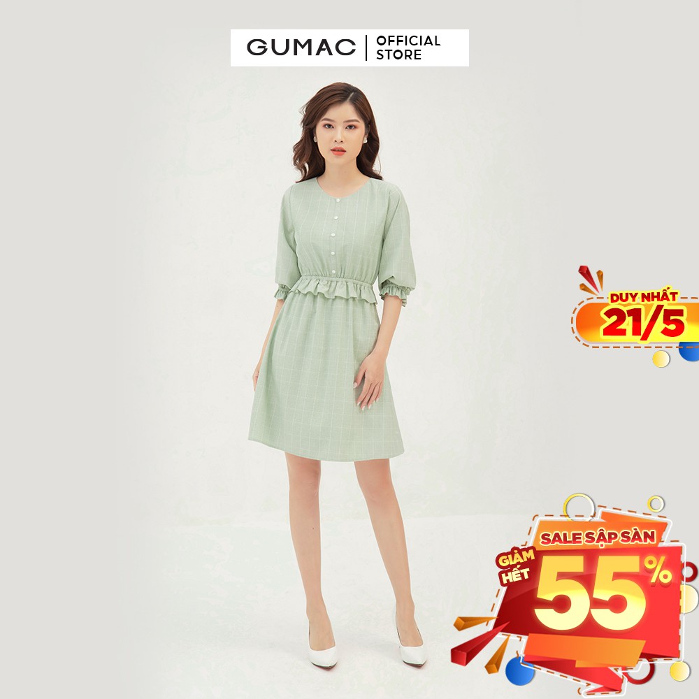 [Mã MABR07062 giảm 8% tối đa 50K đơn từ 249K] Đầm xòe nữ caro eo chun GUMAC màu xanh, đủ size DB373