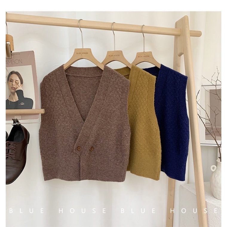 [Hàng mới] Áo gile cổ v màu vintage, áo vest len dệt kim dáng ngắn đóng cúc 2 màu nâu vàng phong cách hang quốc