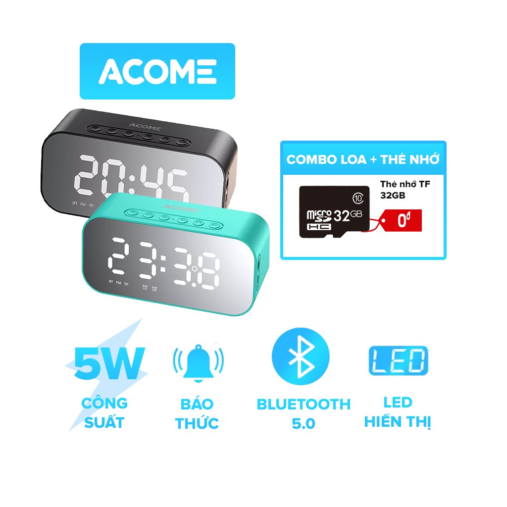 [Combo Loa + Thẻ Nhớ] Loa Bluetooth ACOME A5 5W Màn Hình LED Đồng Hồ Báo Thức - Hỗ Trợ Thẻ Nhớ &amp; Nghe FM