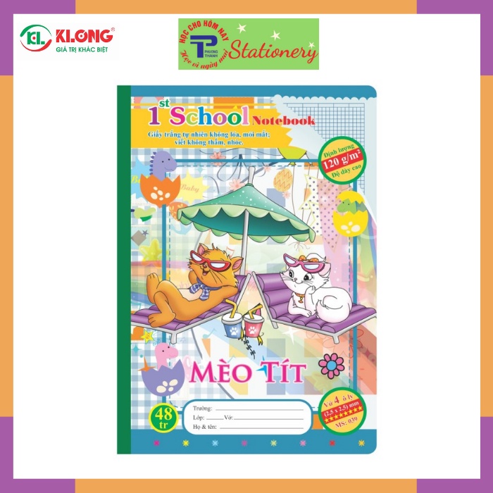 Vở 4 ô ly 48, 80 trang Klong định lượng 120g/m2 bìa hình chích bông, mèo tít, hổ nhi, sóc bi, khăm bun; MS: 038,039
