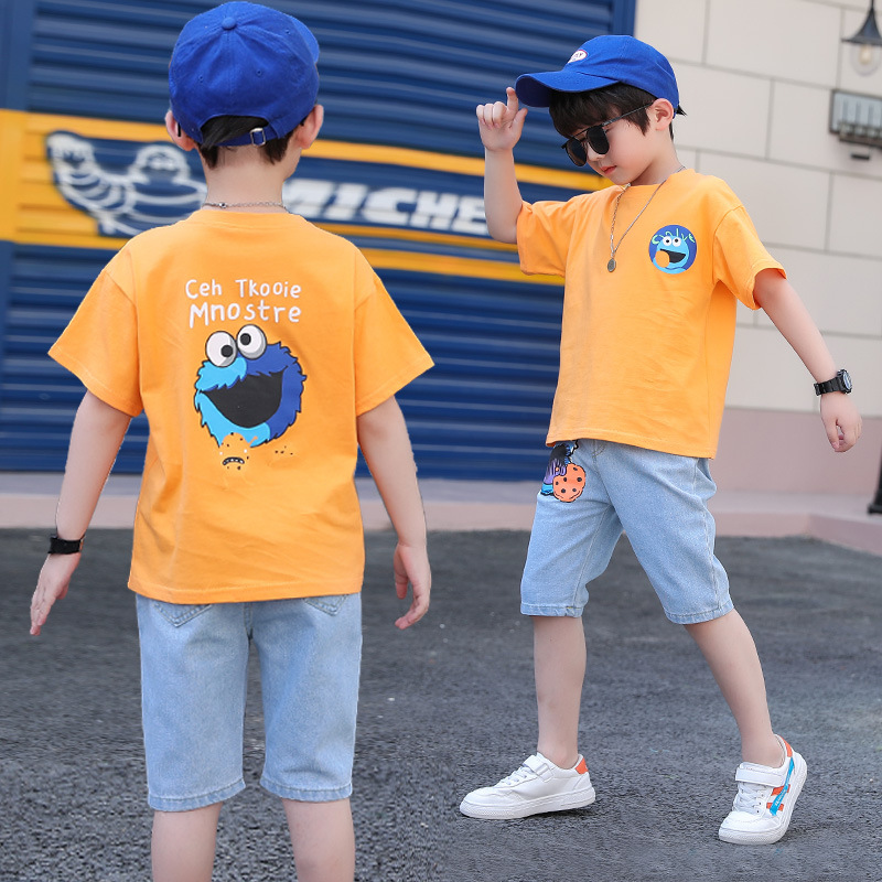 Set Áo Thun Ngắn Tay In Chữ Kèm Quần Short Jean Thời Trang Năng Động Cho Bé Trai 4 6 8 9 10 12 Tuổi