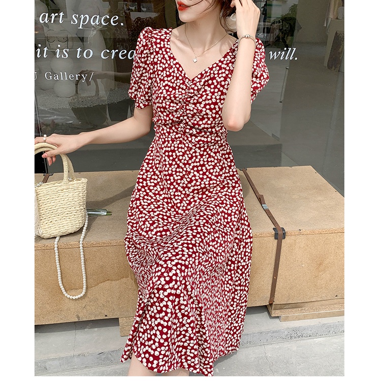 Váy Maxi Cổ Tim Tay Bồng Dáng Dài Thanh Lịch Phối Họa Tiết Quả Cherry Thiết Kế Hở Lưng Siêu Xinh