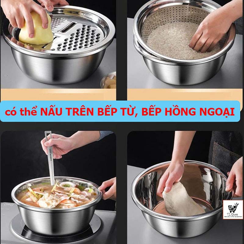 Bộ bào rau củ kiêm rổ và chậu Inox cao cấp đa năng 3 trong 1 (RỔ 3)