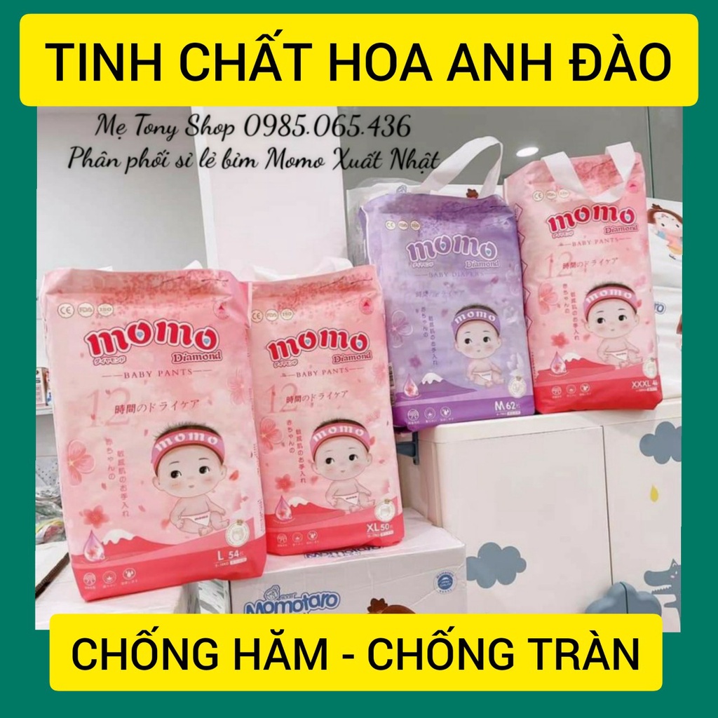 Bỉm Tã Dán/Quần MOMO DIAMOND Hoa Anh Đào S64,M62,L54,XL50,XXL48,XXXL46