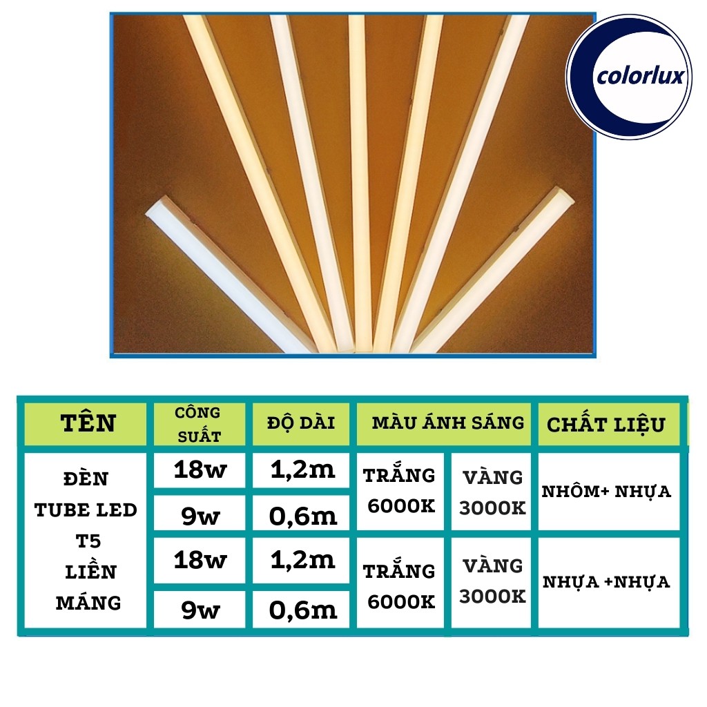 Combo 5 Đèn Tuýp LED Hắt Liền Máng Nhựa T5 COLORLUX 0,6M-1,2M Ánh Sáng Trắng- Vàng #Nhựa | BigBuy360 - bigbuy360.vn