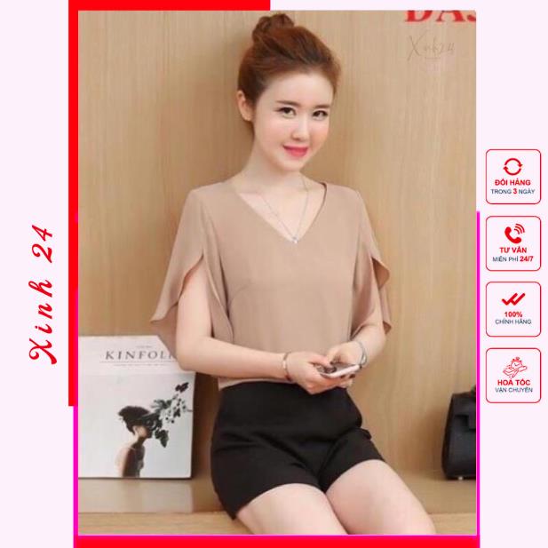 Áo sơ mi nữ cổ tim, thiết kế ống tay loe trẻ trung nữ tính
