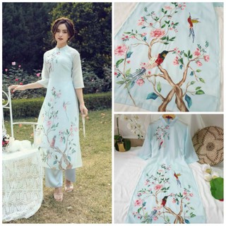 ÁO DÀI CÁCH TÂN LỤA TƠ ÓNG XANH THIÊN THANH HOA CHIM