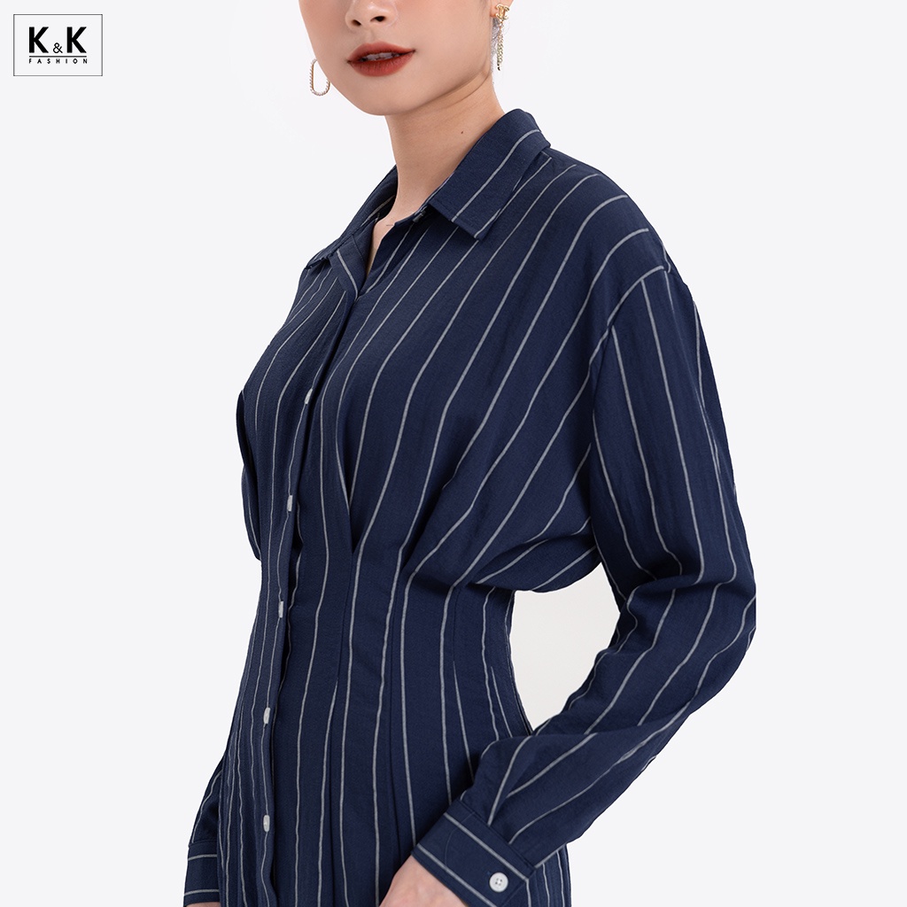 Đầm sơ mi kẻ sọc nhấn eo cao tay dài HL18-09 K&K Fashion chất liệu cotton