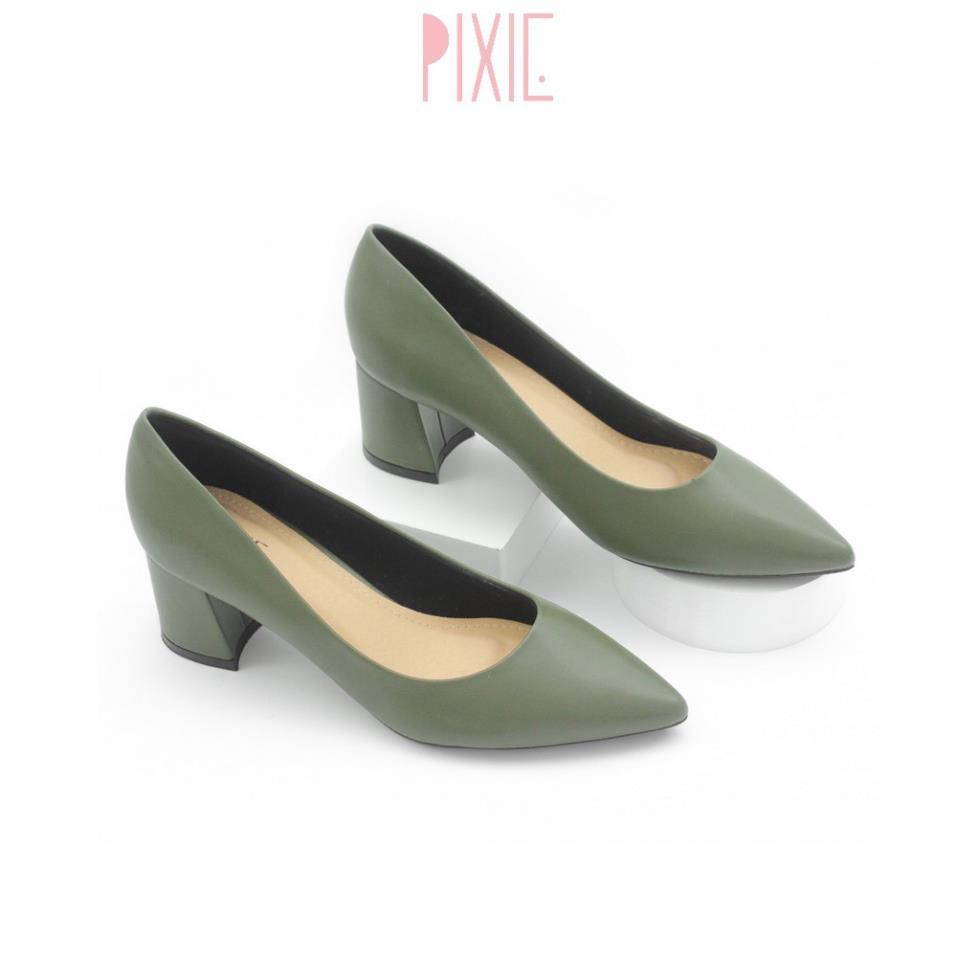 Giày Cao Gót Đế Vuông 5cm Mũi Nhọn Basic Màu Xanh Rêu Beautynow P055