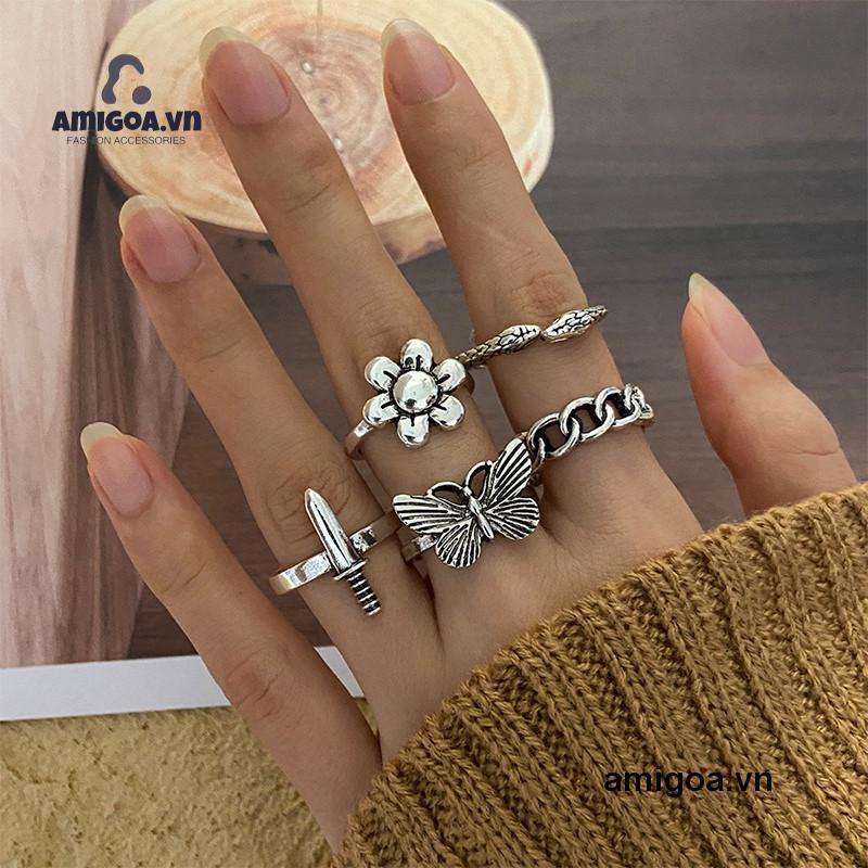 【amigoa.vn】 Set 5 Nhẫn Hình Rắn/Bướm/Cá Sấu Retro Đơn Giản Sáng Tạo Cho Nữ