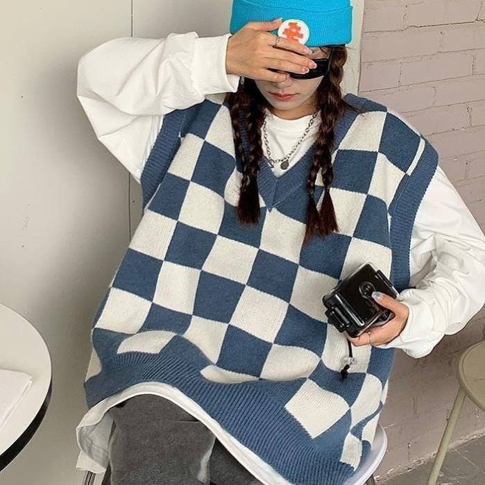 Áo len không tay cổ chữ V họa tiết caro thời trang dành cho nữ