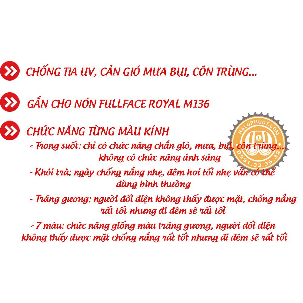 Kính thay Nón bảo hiểm Fullface Royal_Asia M136 (Trong_Khói_Gương_7 Màu)