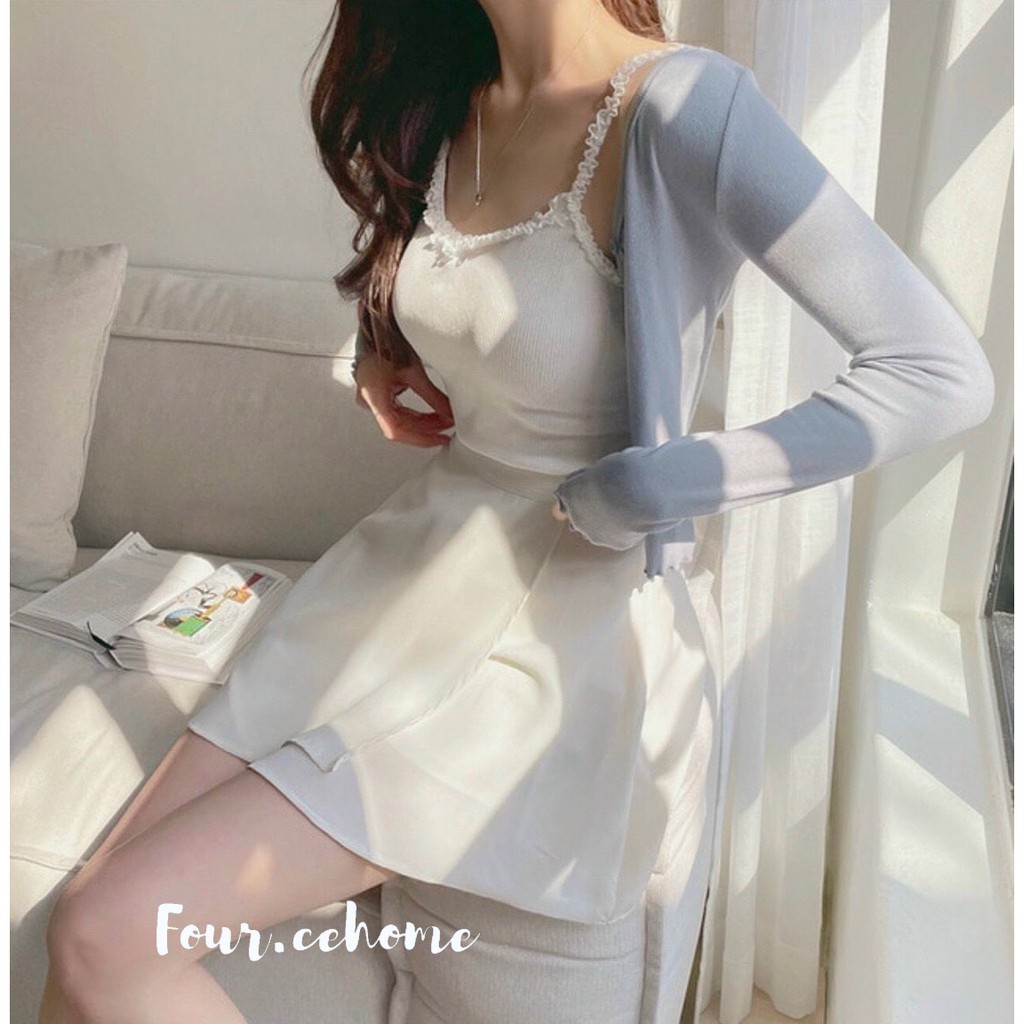 Set 3 món: áo khoác xanh + áo 2 dây bèo + chân váy trắng