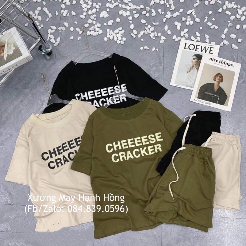 Set đồ thun áo phông in chữ Cheese kèm quần short